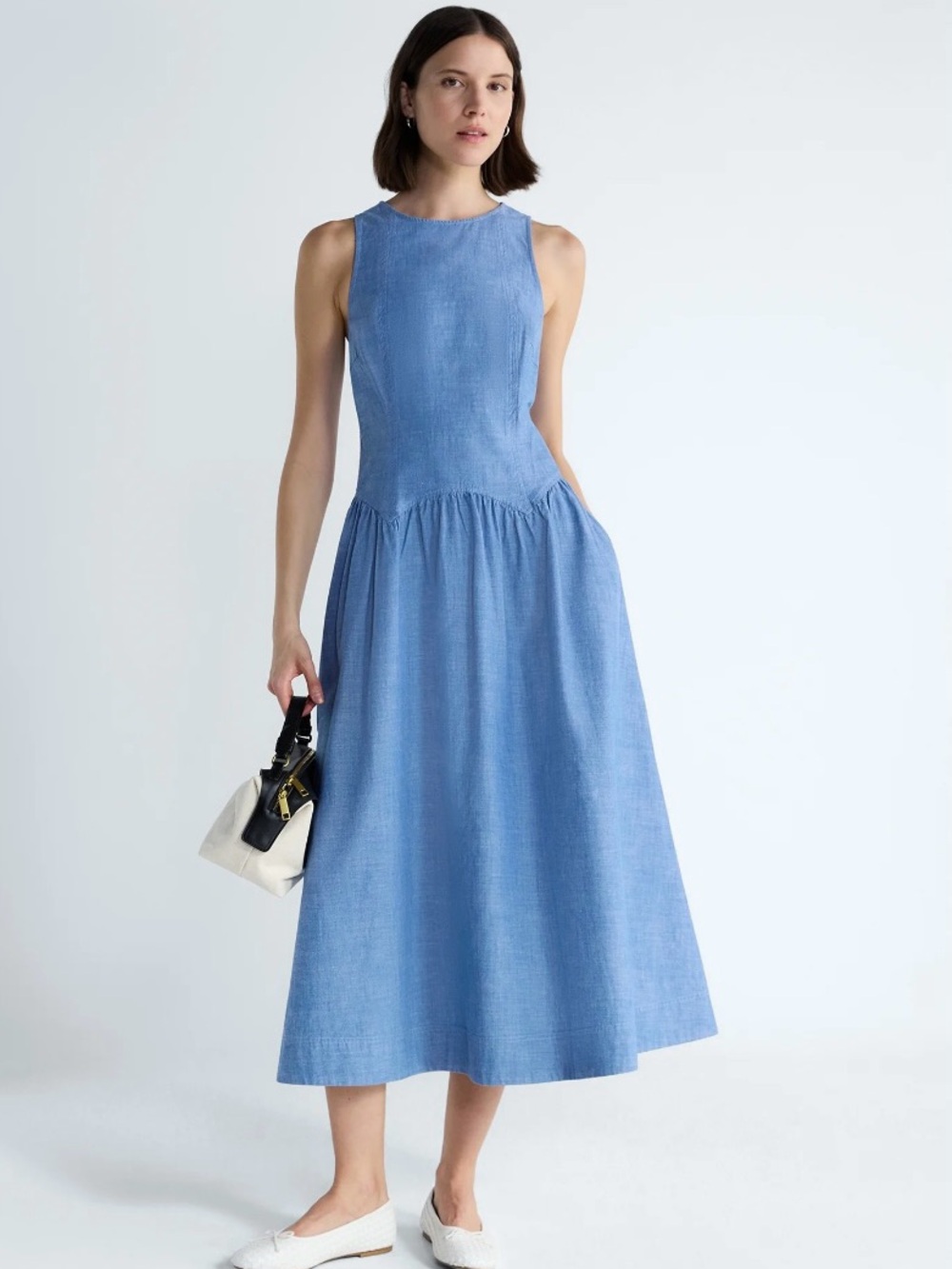 Sleeveless Midi Dress in Sky Blue with Gathered Waist